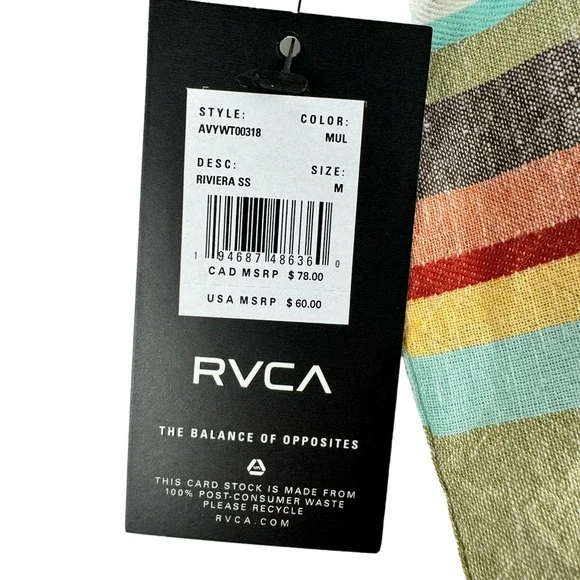 RVCA Riviera Boys Button Up Shirt Sz M Short Sleeve Pocket Striped Logo Colorful - Picture 7 of 13